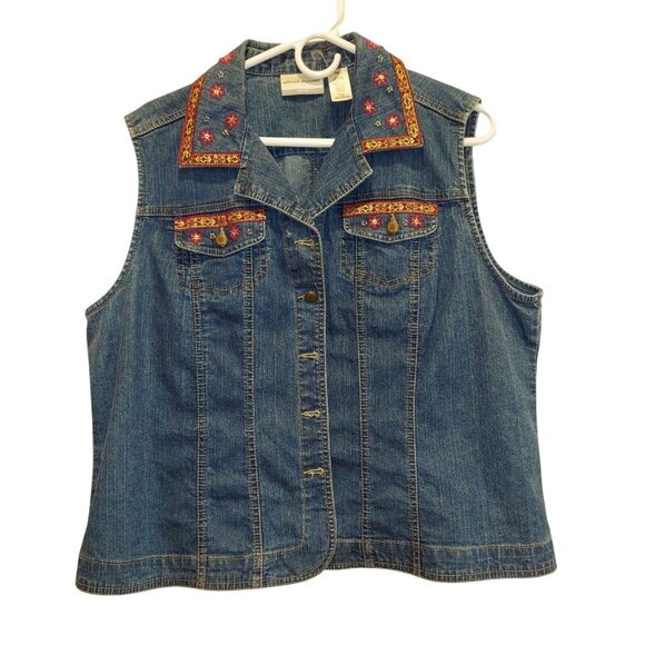 ALFRED DUNNER Jean Vest SZ 16p Embellished boho hippie retro 70's coastalgrandma - Picture 1 of 11